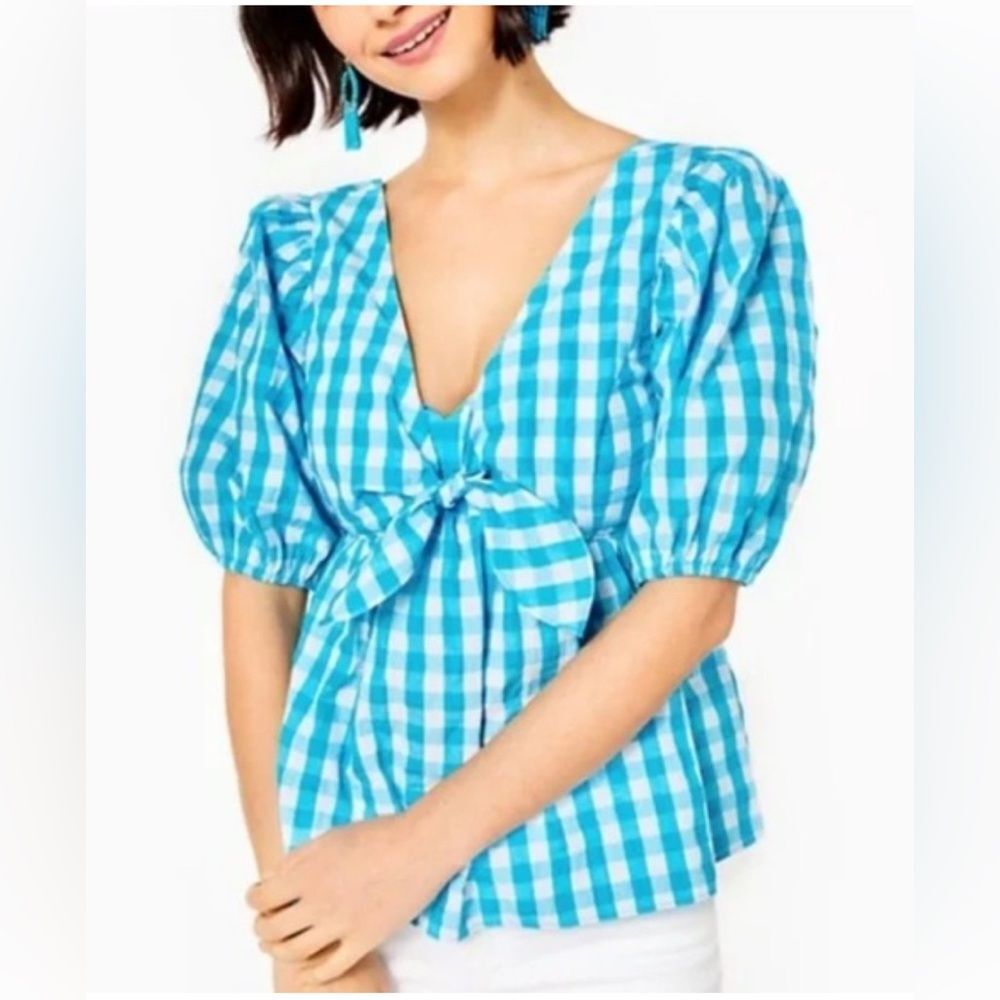 Lilly Pulitzer Sarafina Turquoise & white Gingham cotton blend Blouse. Sz 8.